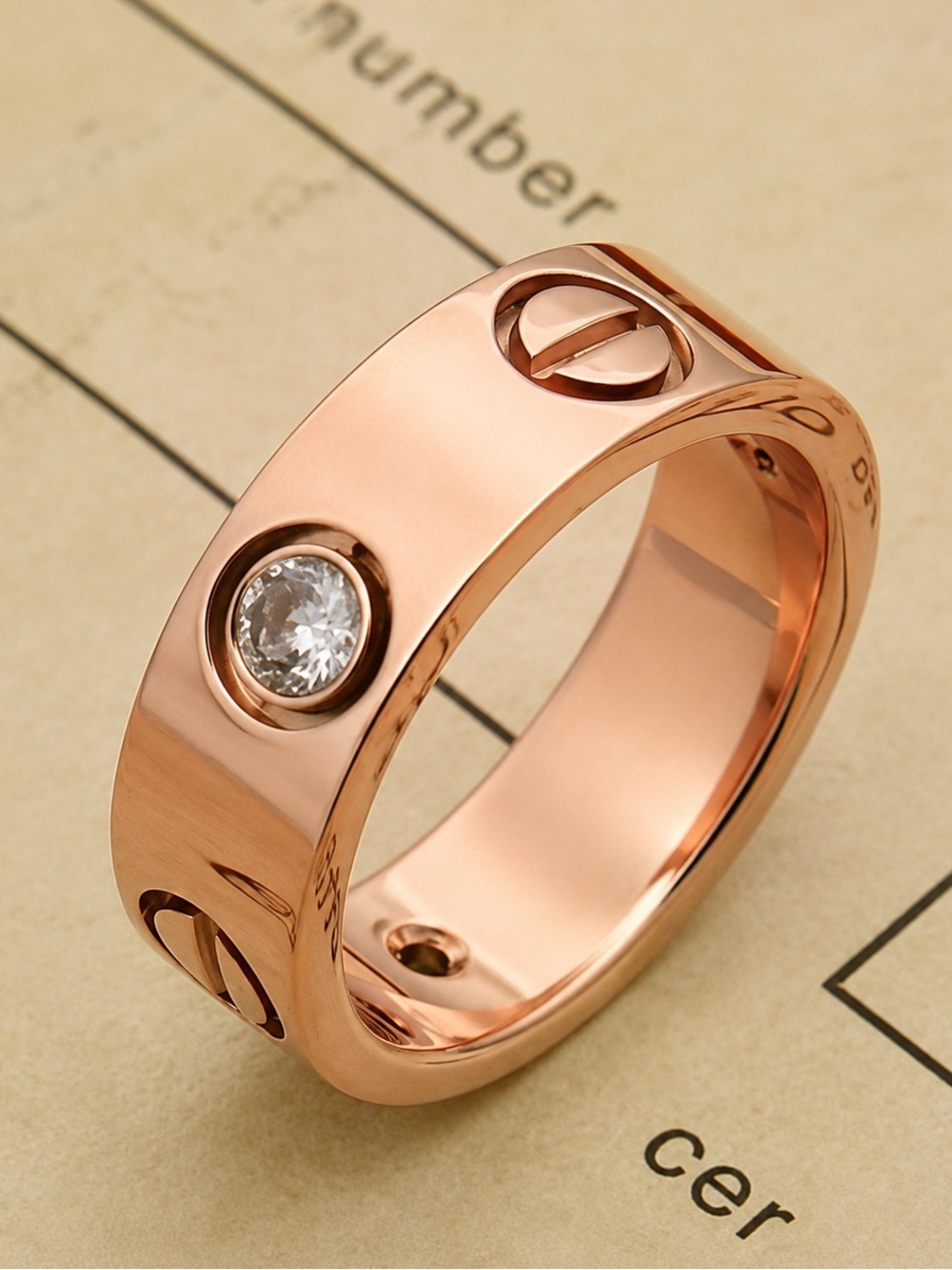 Stainless Steel Rose Gold Wide Band Ring With Stones